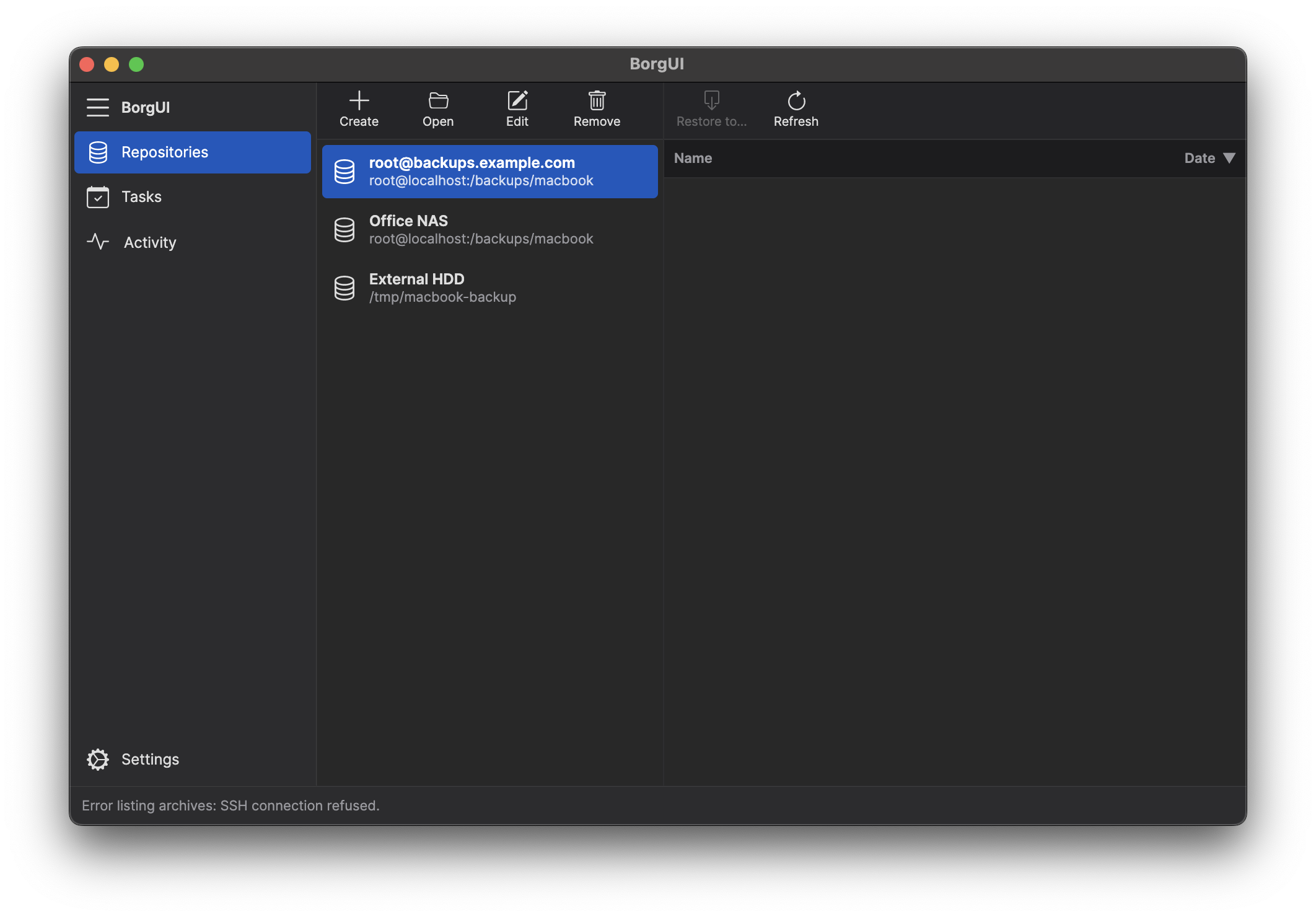 BorgUI — Repository management